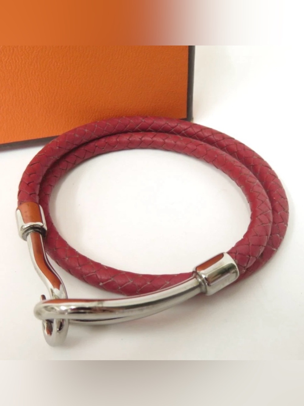 Hermès Jumbo Double Tour Hook Bracelet – Rose Leather & Palladium Hardware w/Box
